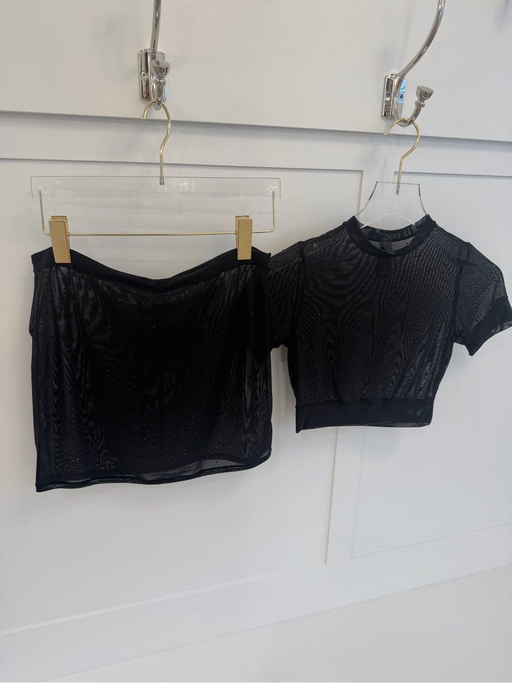 SKIMS Black Sheer Mesh Crop Top and Mini Skirt Set